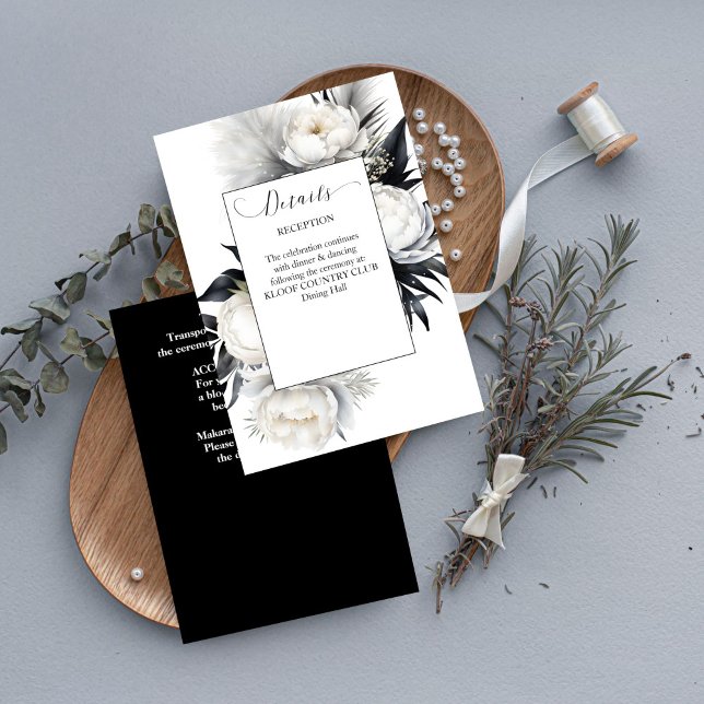 Information om Black and white boho elegant bröllo Tilläggskort (Black and white boho elegant wedding details enclosure card white peonies black foliage modern card)