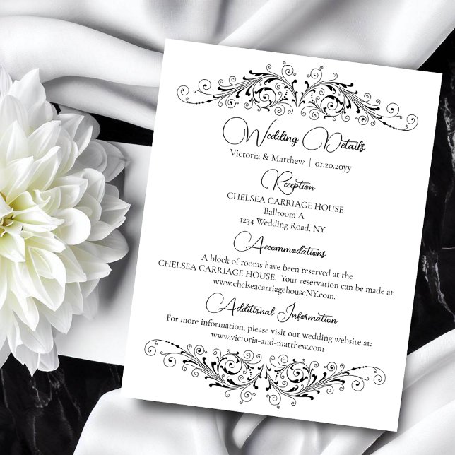 Information om Black and White Flourish Elegance B Tilläggskort (Black and White Flourish Elegance details card to include with your wedding invite.)
