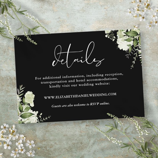 Information om Black and White Greenery Blommigt B Tilläggskort (Black And White Greenery Floral Wedding Details Enclosure Card)