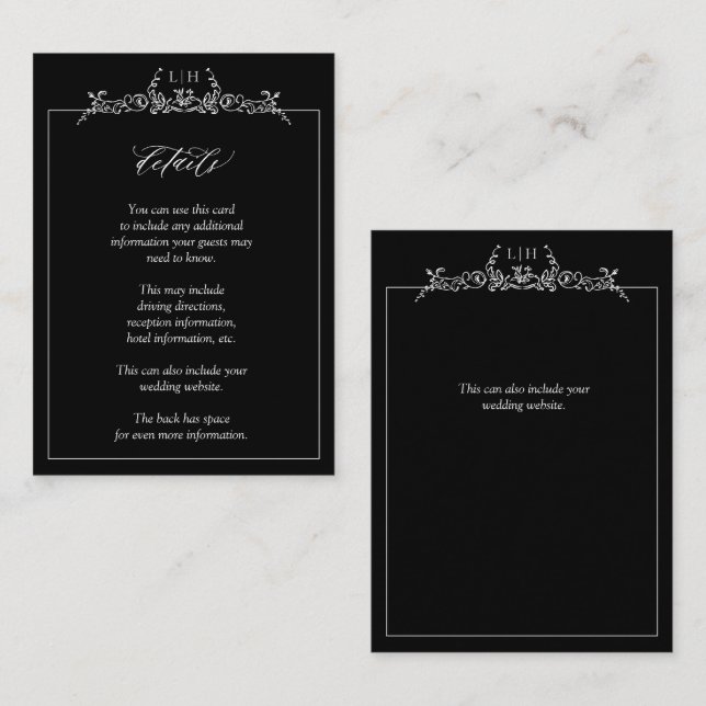 Information om Black White Monogram Blommigt Gräns Tilläggskort (Fram/baksida)
