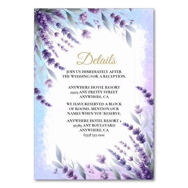 Information om Blommigt av lavenders och blå Elega Bordsnummer (Framsidan)