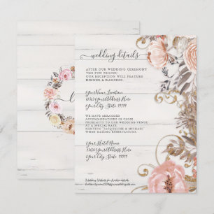 Information om blommigt Boho Ro White Wood Bröllo Inbjudningar
