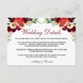 Information om blommigt Burgundy Boho Bröllop Info Tilläggskort