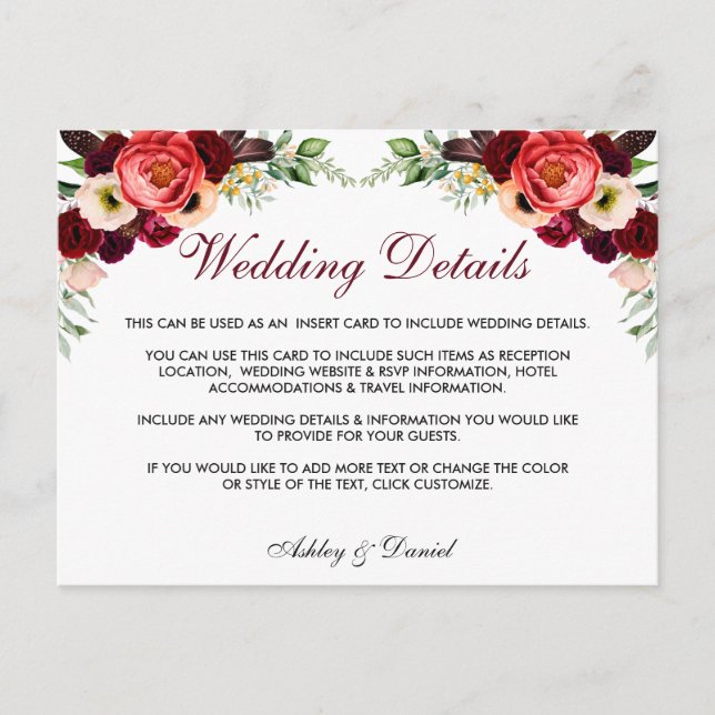 Information om blommigt Burgundy Boho Bröllop info Vykort (Framsida)