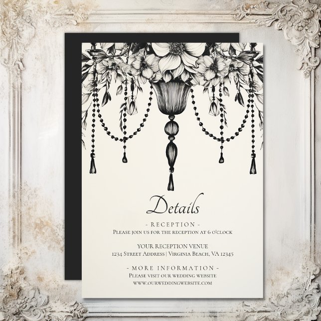 Information om blommigt Chandelier Black White Brö Tilläggskort (Floral Chandelier Black White Wedding Details Enclosure Card)