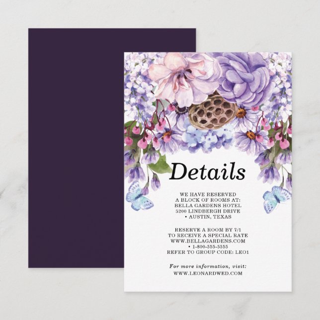 Information om blommigt Lila Watercolor Bröllop Inbjudningar (Fram/baksida)