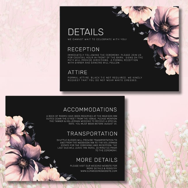 Information om blommigt Modern Elegant Black Rosa  Tilläggskort (Modern Elegant Black Pink Wedding Details Enclosure Card)