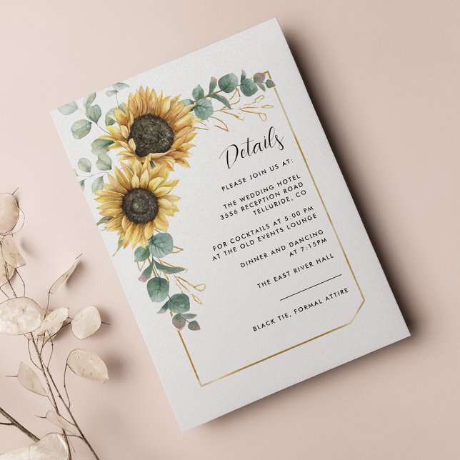 Information om blommigt Solros Greenery Bröllop Tilläggskort (Sunflower Eucalyptus Botanical Wedding Details Enclosure Card)