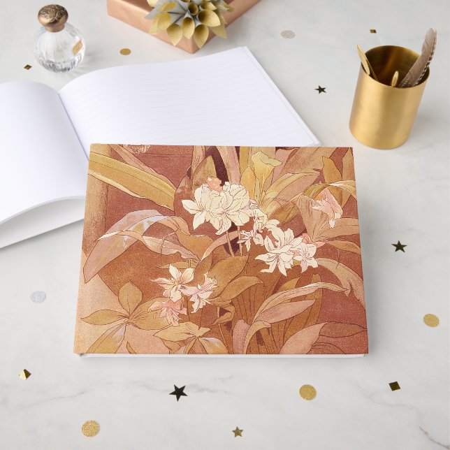 Information om Blommigten Alphonse Mucha Art nouve Gästböcker (Framsida Öppen)