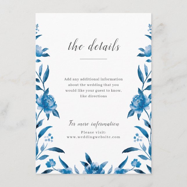 Information om blommigten bröllop för blå och vit  tilläggskort (Framsida)