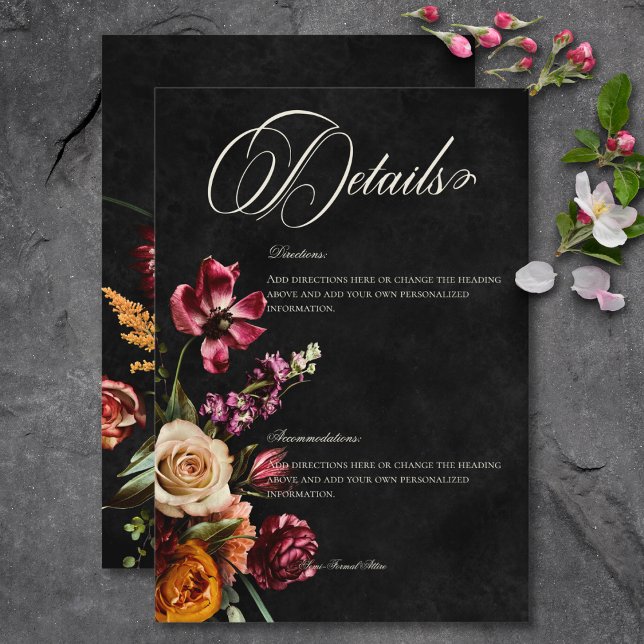 Information om Blommigten Bröllop i Elegant till h Tilläggskort (Dark Elegant Autumn Floral Wedding Details Enclosure Card)