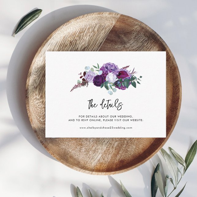 Information om Blommigten Bröllop i skript till li Tilläggskort (Elegant Floral Purple Wedding Details with QR Code)