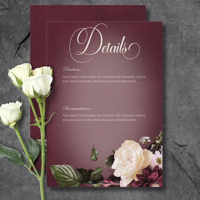Information om Blommigten Burgundy och Cream Blur  Tilläggskort (Dark Elegant Burgundy & Cream Blur Floral Details Enclosure Card)