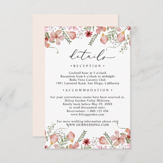 Information om Blommigten elegant Peach  Bröllop Tilläggskort (Fram/baksida)