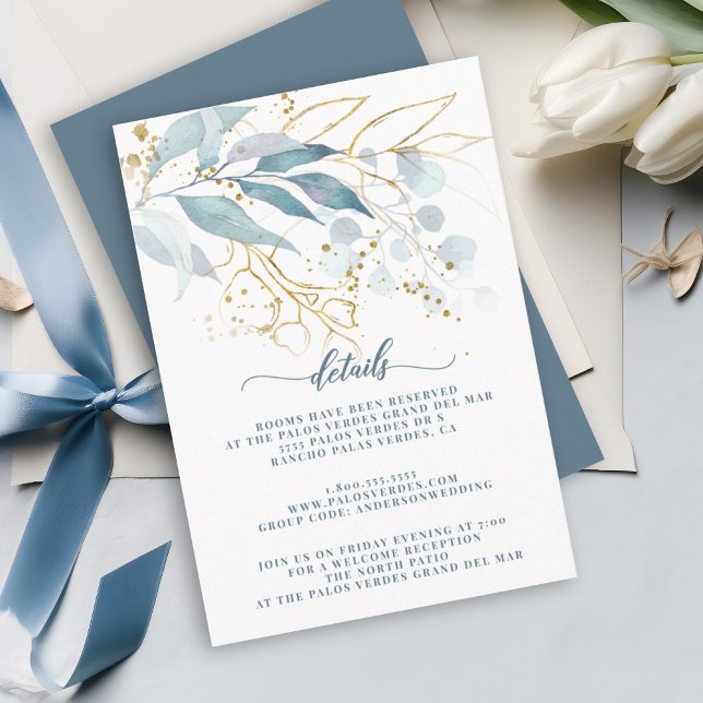 Information om Blommigten elegant - vattenfärg - D Tilläggskort (Dusty blue greenery and gold outline elegant design on this details card.)
