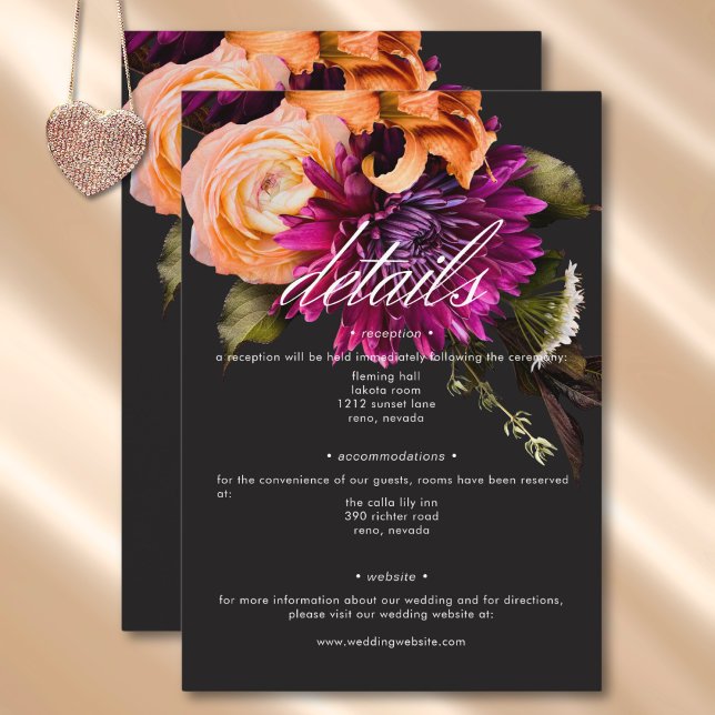 Information om Blommigten för Moody solnedgång för Tilläggskort (Elegant Moody Vibrant Sunset Floral Details Enclosure Card)