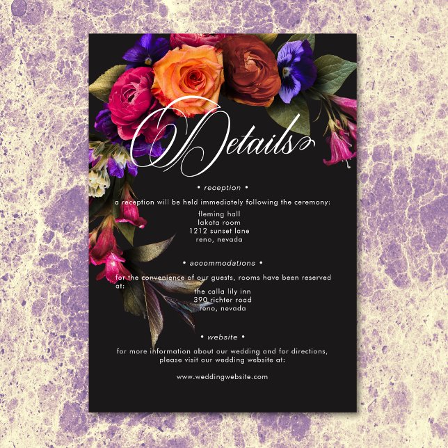 Information om Blommigten för Moody Vibrant Harves Tilläggskort (Elegant Moody Vibrant Harvest Floral Details Enclosure Card)