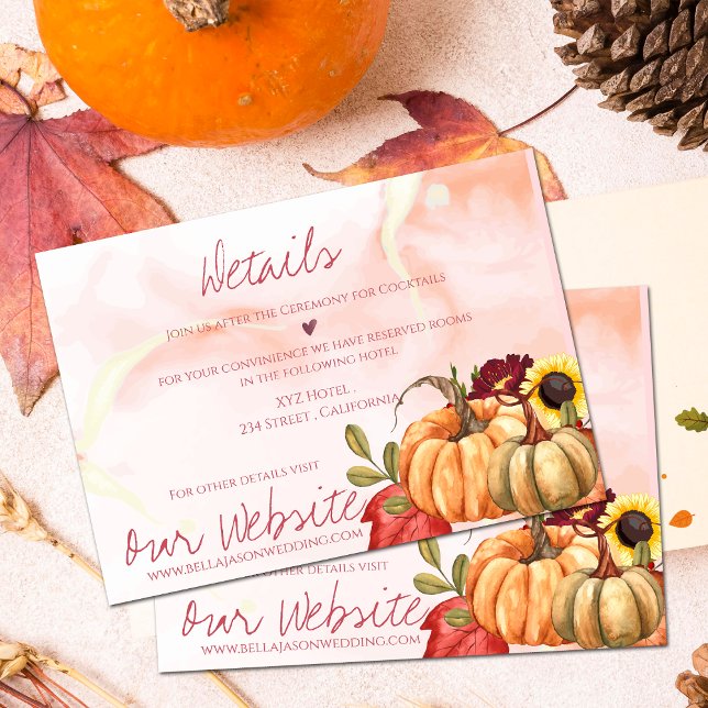 Information om Blommigten för sommarbröllop på hös Tilläggskort (Cute Pumpkin Autumn Floral Fall Wedding Details Enclosure Card)