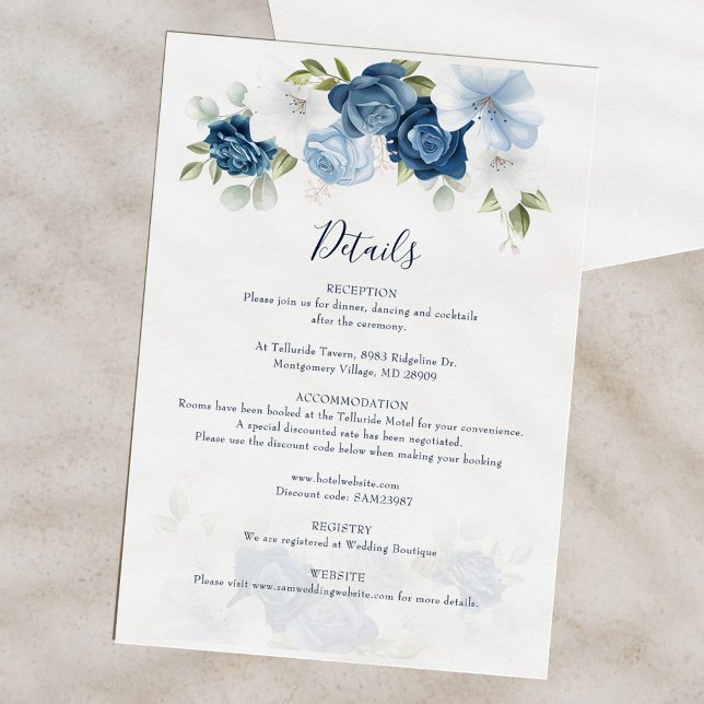 Information om Blommigten för vattenfärgen Bröllop Tilläggskort (Floral Dusty Blue Watercolor Bloom Wedding Details)