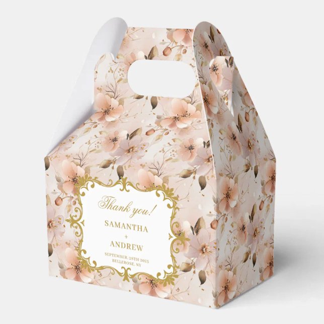 Information om Blommigten Guld  chic bröllopsruta Presentaskar (Chic Blush Gold Wedding Favor Box Floral Details)