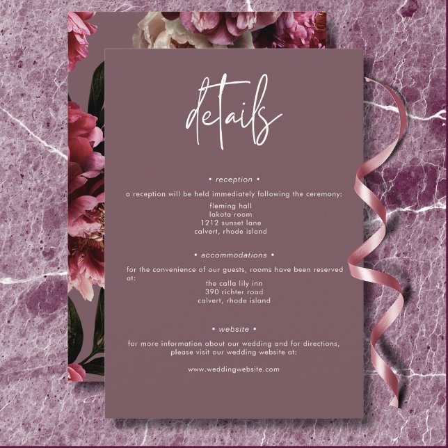 Information om Blommigten Modern Burgundy & Cream  Tilläggskort (Modern Burgundy & Cream Peonies Floral Details Enclosure Card)