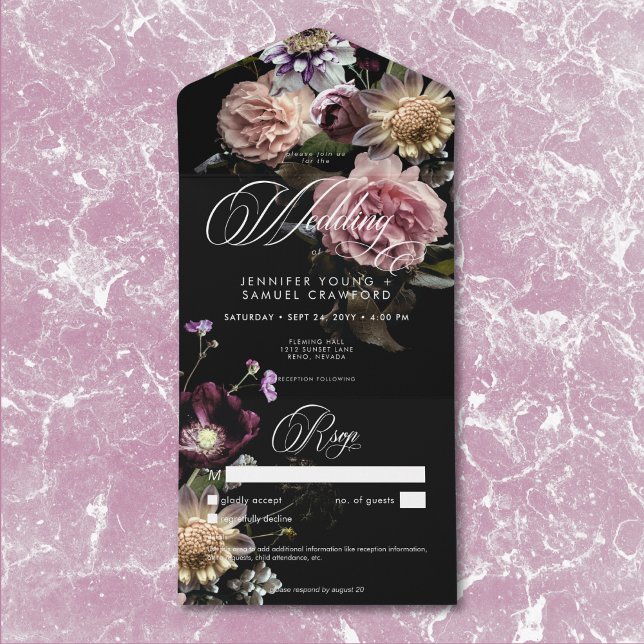 Information om Blommigten Moody Pastel Opulent Bla (Dark Moody Pastel Opulent Black Floral Details All In One Invitation)