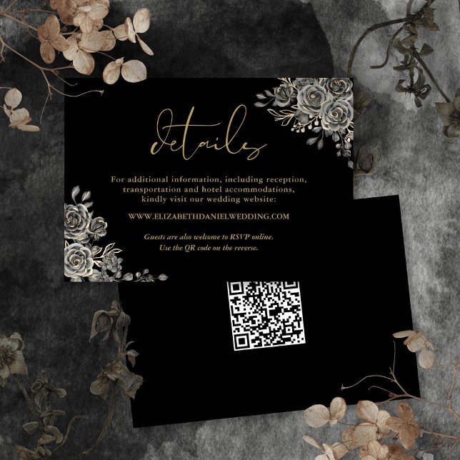 Information om blommigtens gotik QR-kod Guld Bröll Tilläggskort (Floral Gothic QR Code Gold Wedding Details Enclosure Card)