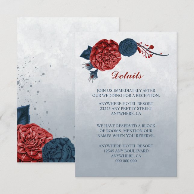 Information om blommor i marin- och burgundy-flott tilläggskort (Fram/baksida)