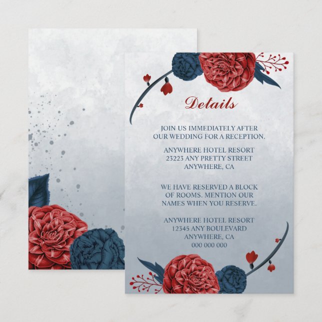 Information om blommor i marin- och burgundy-flott tilläggskort (Fram/baksida)