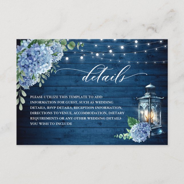 Information om Blue Hydrangea Lantern Wood Bröllop Tilläggskort (Framsida)