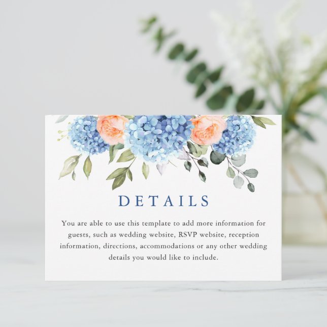 Information om Blue Hydrangea  Rosa ros Bröllop Tilläggskort (Stående Fram)