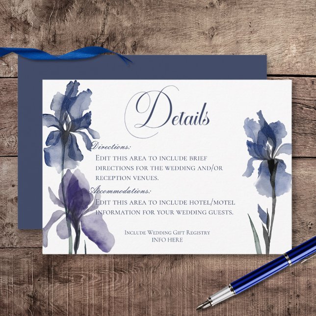 Information om Blue Iris Flowers Bröllop Tilläggskort (Blue Iris Flowers Wedding Details Enclosure Card)