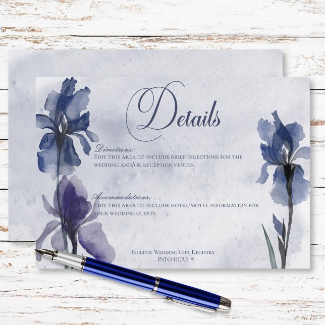 Information om Blue Iris Flowers Modern Blue Bröll Tilläggskort (Blue Iris Flowers Modern Blue Wedding Details Enclosure Card)