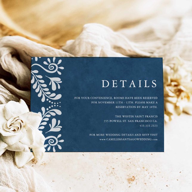 Information om Blue Papel Picado Mexico Bröllop Tilläggskort (Blue Talavera Wedding Details Card)