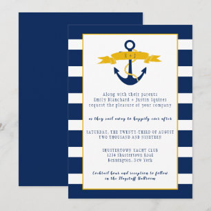 Information om Blue White Rand Guld Nautical Bröll Inbjudningar