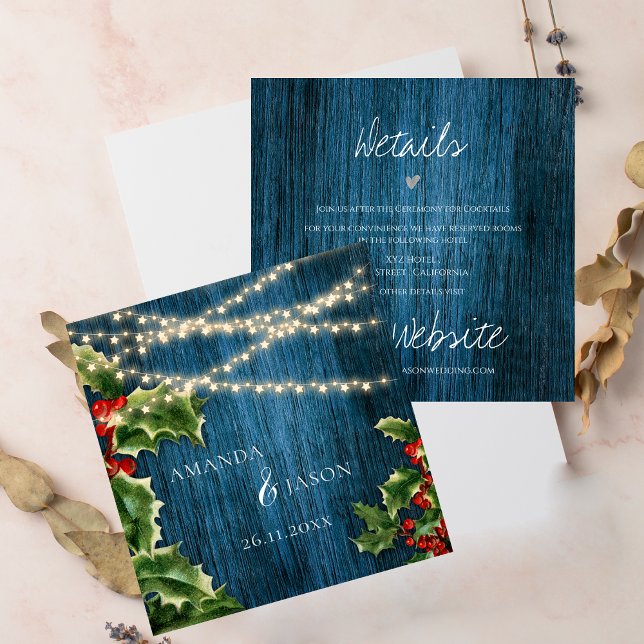Information om Blue Wood String Ljus jul Bröllop Tilläggskort (Blue Wood String Lights Christmas Wedding Details Enclosure Card)