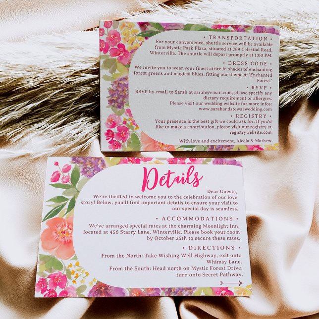 Information om Bohemian bright blommigt Arch-skrip Tilläggskort (Bohemian bright floral arch script wedding details enclosure card)