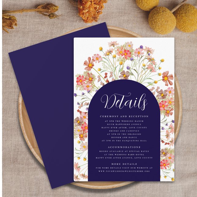 Information om Boho Blommigt Arch Navy Blue Fall W Tilläggskort (Boho rustic floral arch navy blue and white wedding details enclosure card Elegant script fall color)