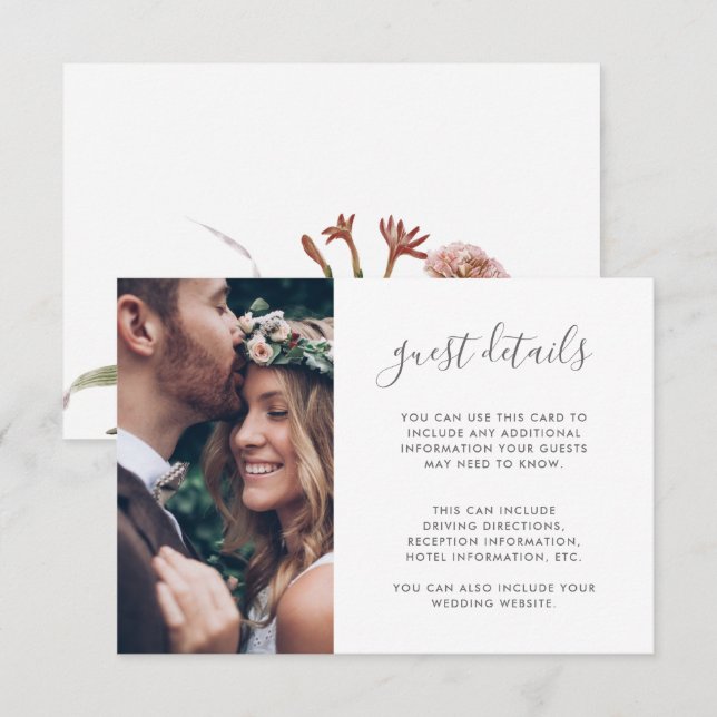 Information om Boho Blommigt Photo Bröllop Guest Tilläggskort (Fram/baksida)