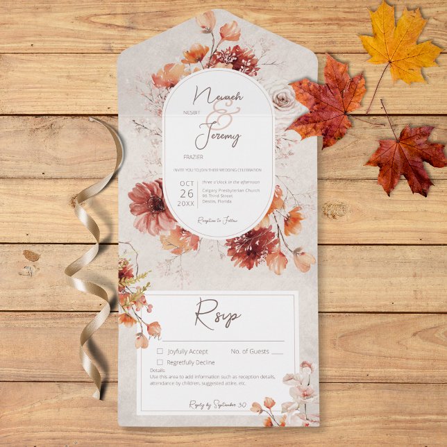 Information om Boho Distress Cream Rust Fall Blomm (Boho Distressed Cream Rust Fall Floral Details All In One Invitation)