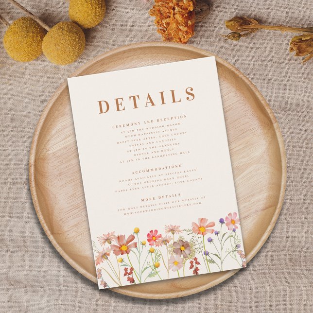 Information om Boho Fall Blommigt Terracotta Bröll Tilläggskort (Terracotta Boho fall Wildflower Wedding details card with ceremony reception accommodations and more)