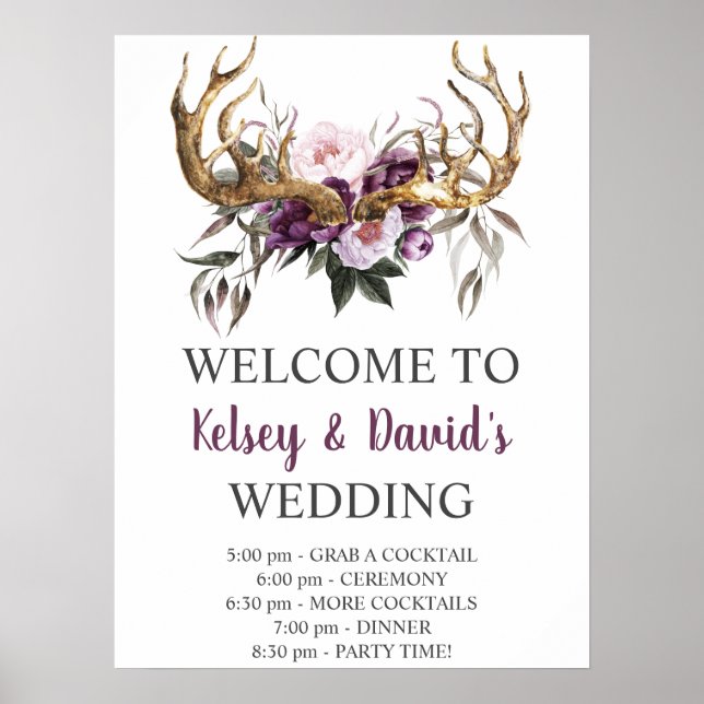 Information om Boho Lila Plum Rosa Peonies Bröllop Poster (Framsidan)
