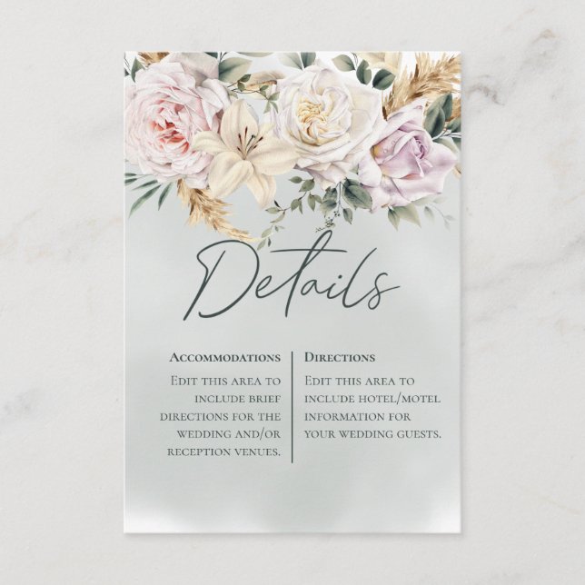 Information om Boho Pampas & Rosa ros Grönt Bröllo Tilläggskort (Framsida)