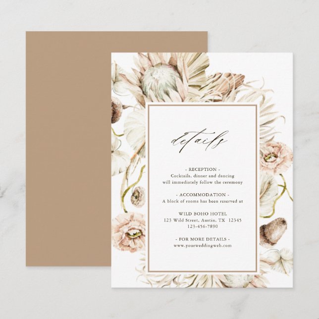 Information om Boho Protea Pampas Grass Blommigt B Tilläggskort (Fram/baksida)