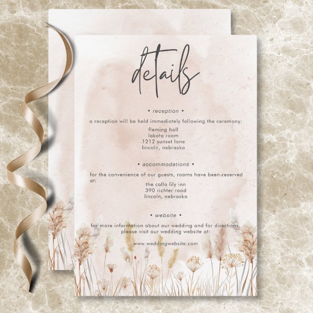 Information om Boho Rustic Pampas och Torkat gräs  Tilläggskort (Boho Rustic Pampas & Dried Grass Bouquet Details Enclosure Card)