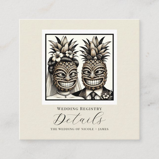 Information om Bride & Groom Aloha Pineapple Tiki  Fyrkantigt Visitkort (Framsida)