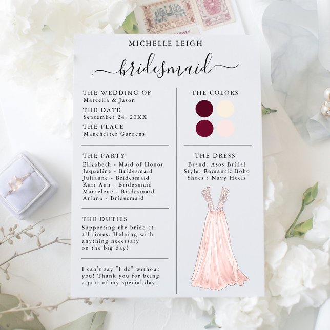 Information om Bridesmaid Info Card Burgundy, Rosa Inbjudningar (Skapare uppladdad)