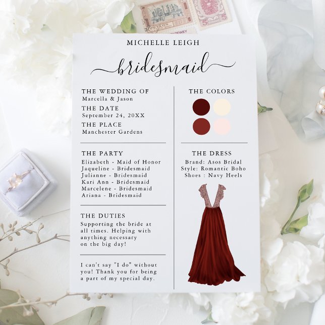 Information om Bridesmaid Info Card Burgundy, Rosa Inbjudningar (Skapare uppladdad)