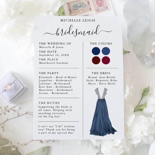 Information om Bridesmaid Info Card Navy & Burgund Inbjudningar (Skapare uppladdad)