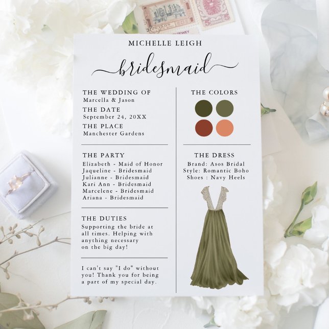 Information om Bridesmaid Info Card Olive, Terraco Inbjudningar (Skapare uppladdad)